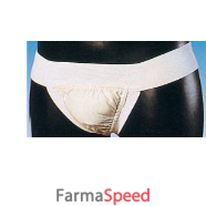 sospensorio elasticizzato misura 2 con fascia addominale alta 6cm, realizzato in cotone jersey ed elastico. borsa triangolare poliestensiva di cotone